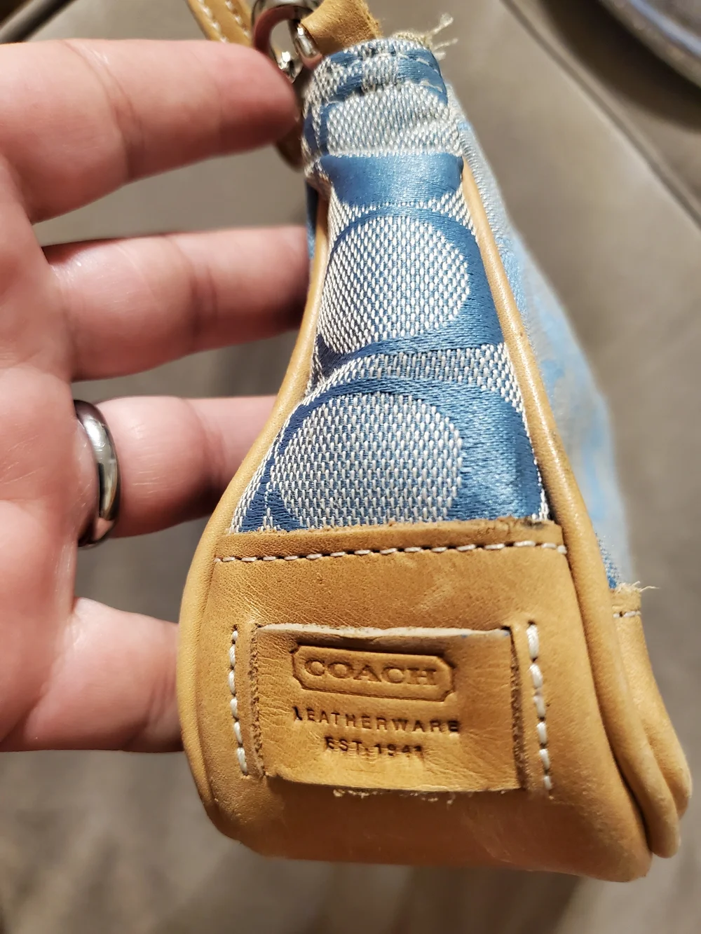 Y2k Coach Blue Signature Canvas and Tan Leather Shoulder Bag